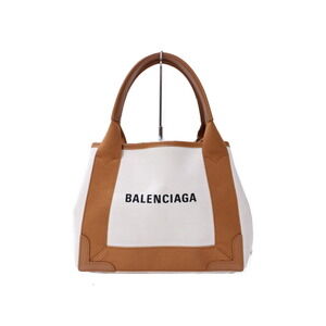 BALENCIAGA Navy Blue Cabas XS Canvas Leather Handbag Shoulder Bag White Pouch